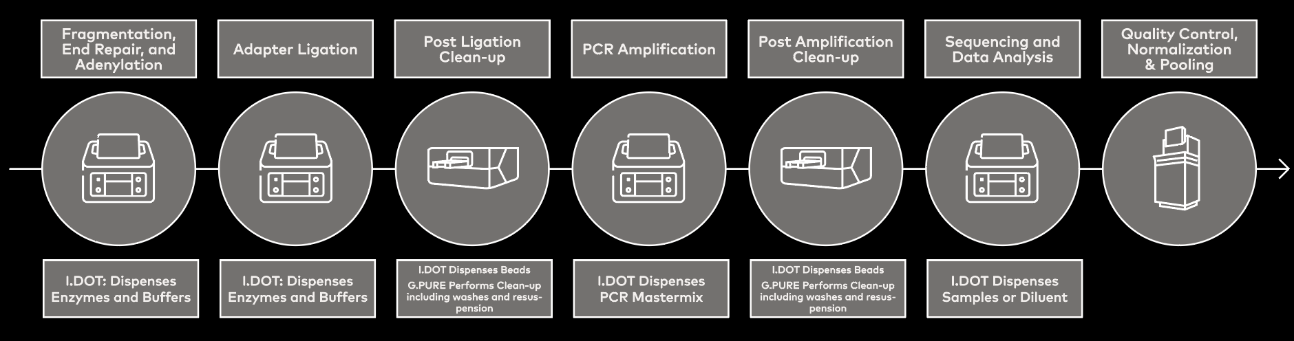 Workflow schematic showing where the I.DOT Liquid Handler and G.PURE Clean-up Device fit into the NGS library preparation workflow.